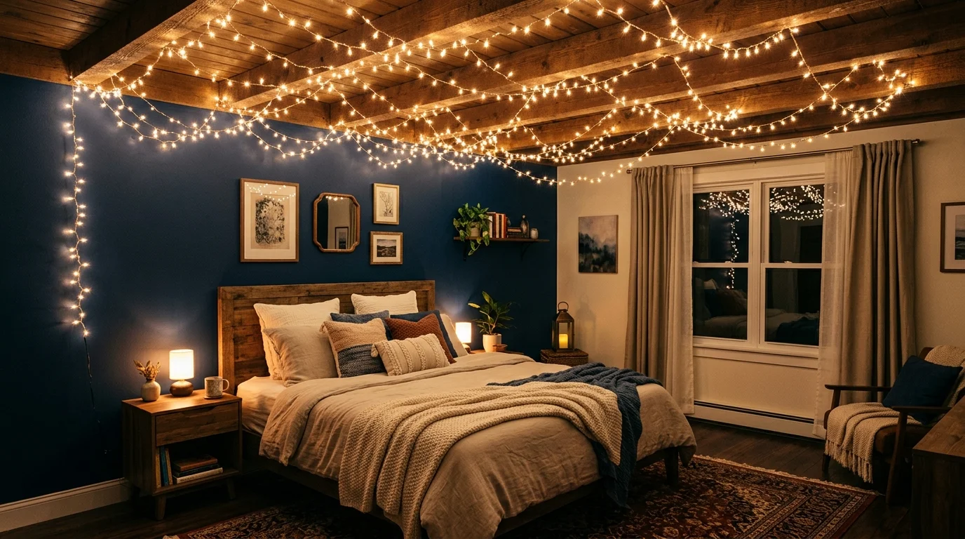 A bedroom with string lights draped across the ceiling creating a cozy glow warm ambient lighting magical atmosphere no people