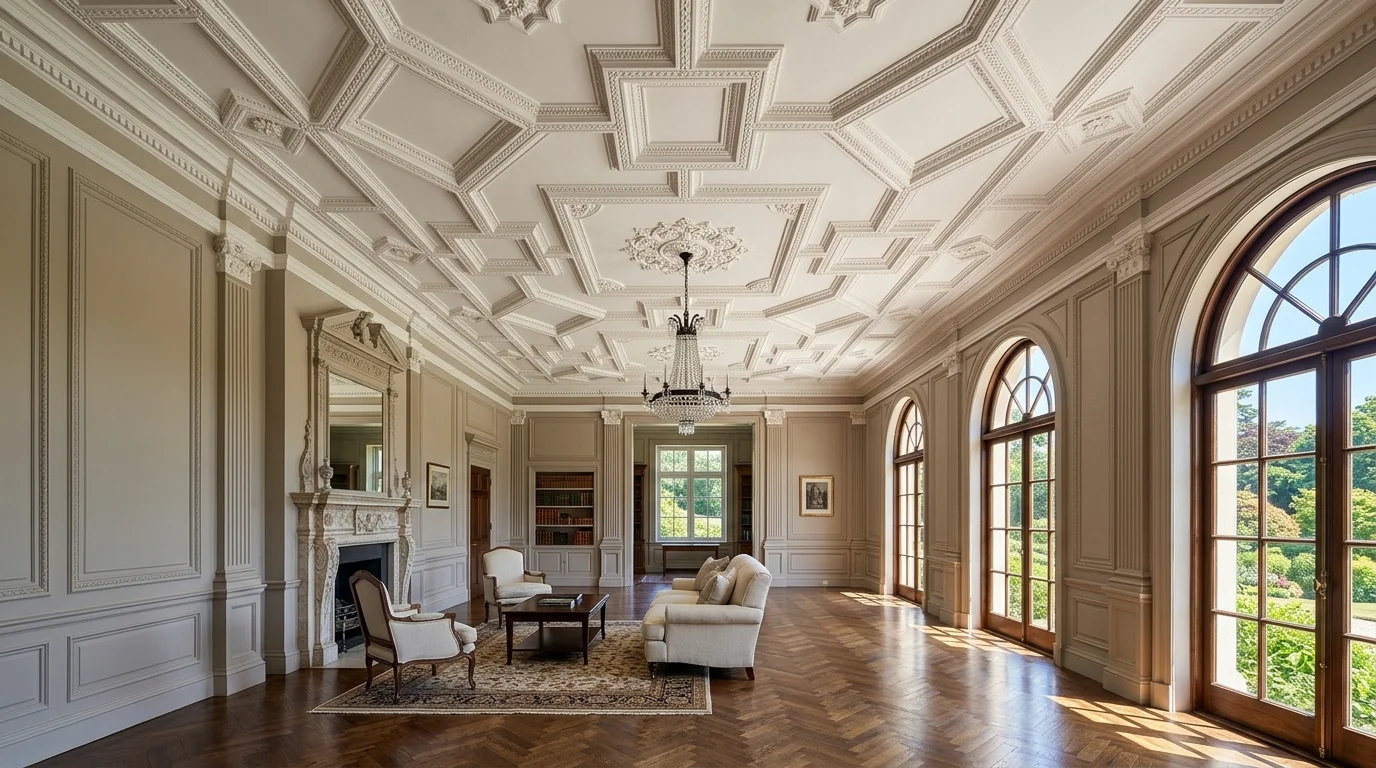 A room with geometric ceiling patterns created with molding bright natural daylight structured elegant design no people