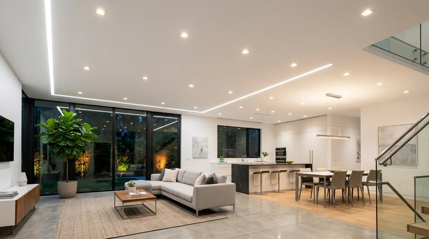 A modern space with a minimalist white ceiling enhanced by subtle recessed lighting bright lighting sleek contemporary finish