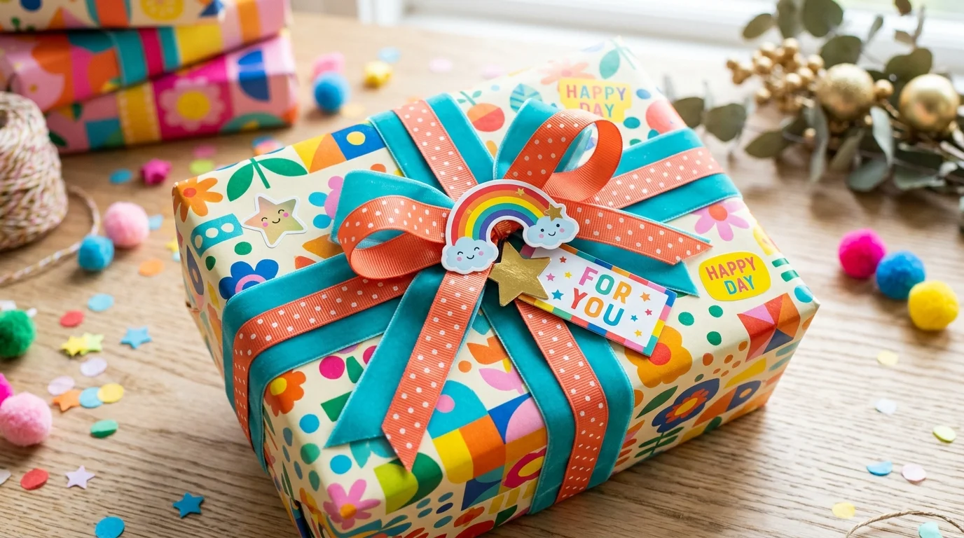 A colorful gift wrapping idea using bright patterned paper, layered ribbons in contrasting colors, playful stickers, vibrant festive mood, smooth glossy textures, bright daylight, slightly angled close-up shot, no people