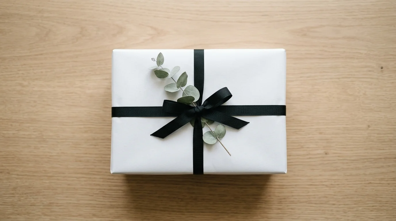A minimalist gift wrap with plain white paper, a single black ribbon, a small eucalyptus branch tucked under the bow, clean modern aesthetic, soft shadows, diffused natural light, top-down composition, no people