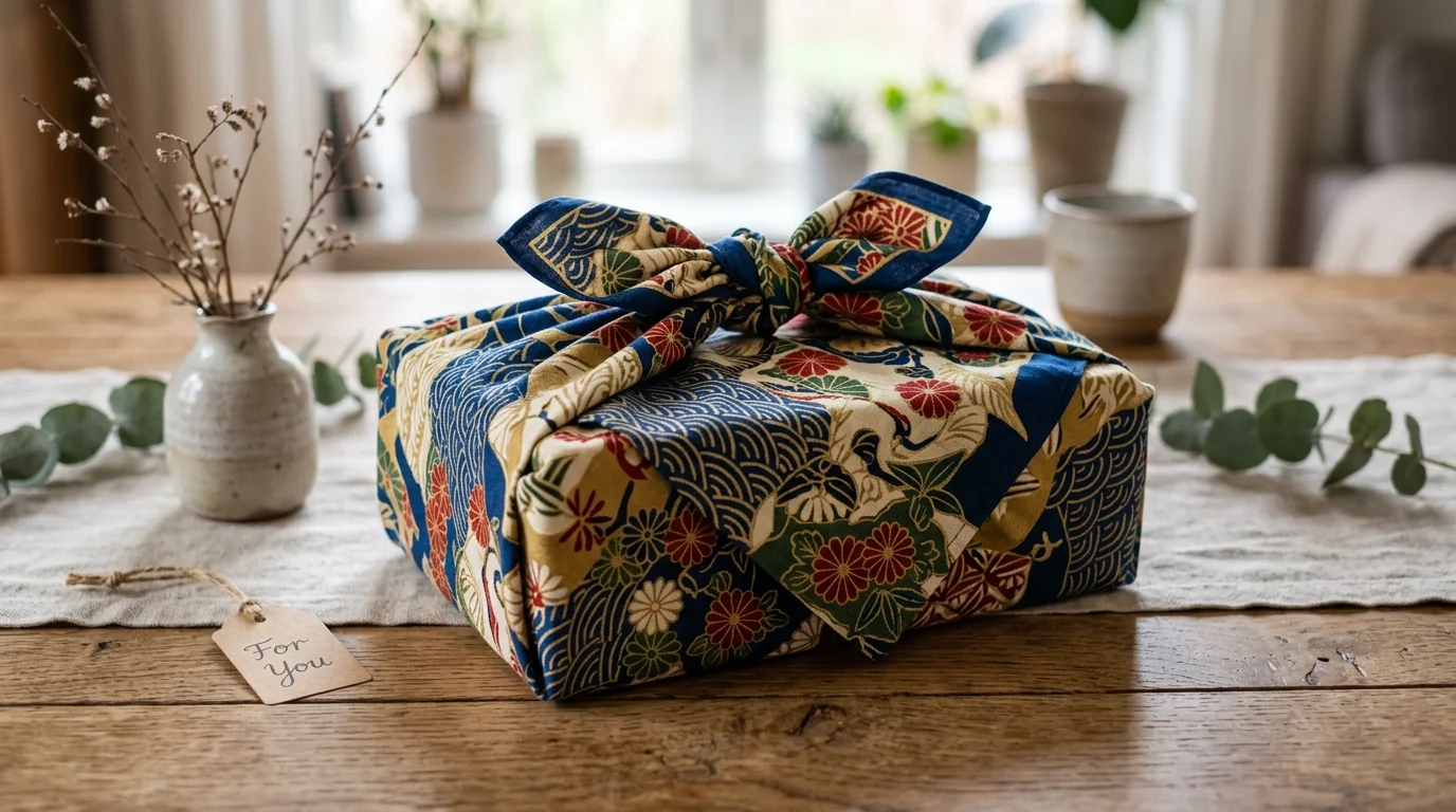 A DIY fabric-wrapped gift using furoshiki style cloth with bold patterns, neatly folded corners, soft textile texture, artistic presentation, gentle natural lighting, eye-level angled shot, no people