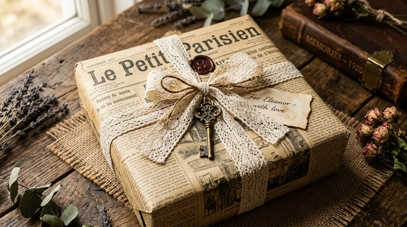 A vintage-inspired gift wrap with old newspaper print paper, lace ribbon, antique key charm, muted tones, nostalgic styling, warm ambient lighting, close-up perspective, no people