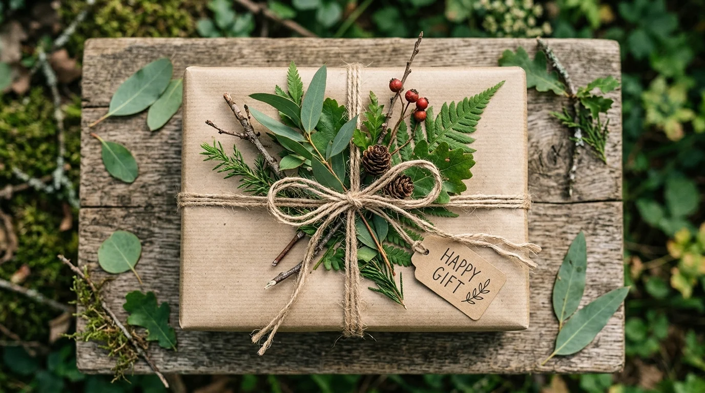 A nature-themed gift wrapping with green leaves, twigs, and kraft paper, tied with rustic string, earthy tones, organic textures, outdoor natural lighting, flat lay shot, no people