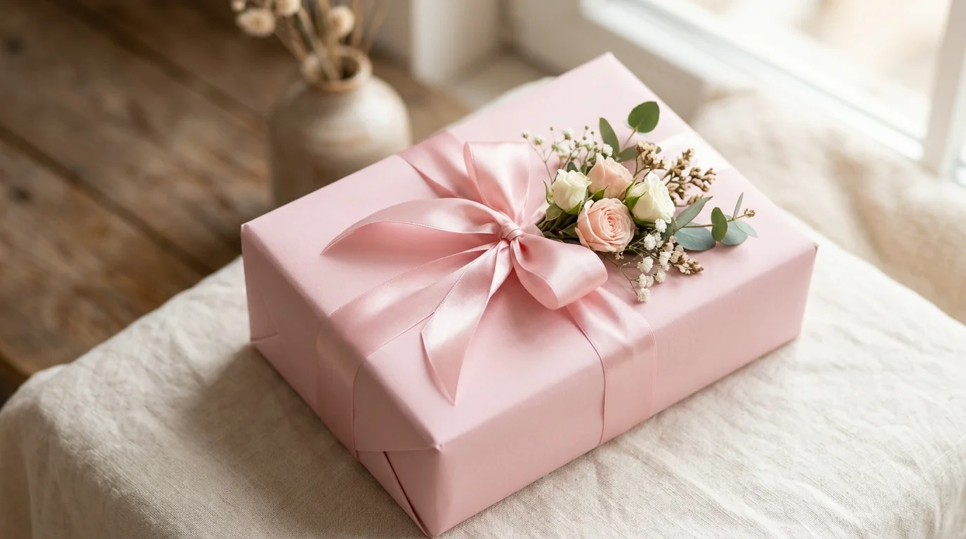 A pastel-themed gift wrapped in soft pink paper with satin ribbon and delicate floral embellishments, smooth texture, romantic aesthetic, bright soft lighting, angled close-up shot, no people