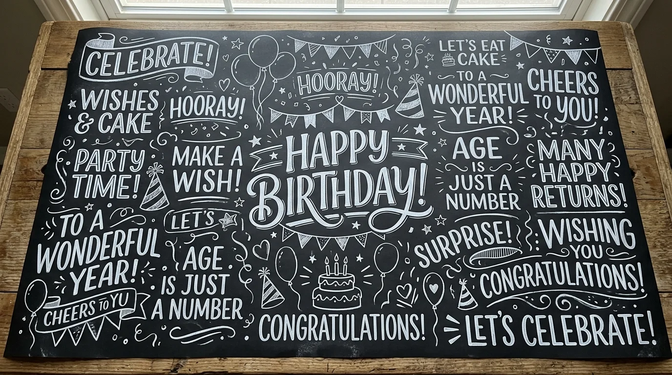 A chalkboard-style wrapping paper design with black paper and white hand-lettered birthday messages, bold contrast, creative artistic vibe, bright overhead lighting, top-down composition, no people