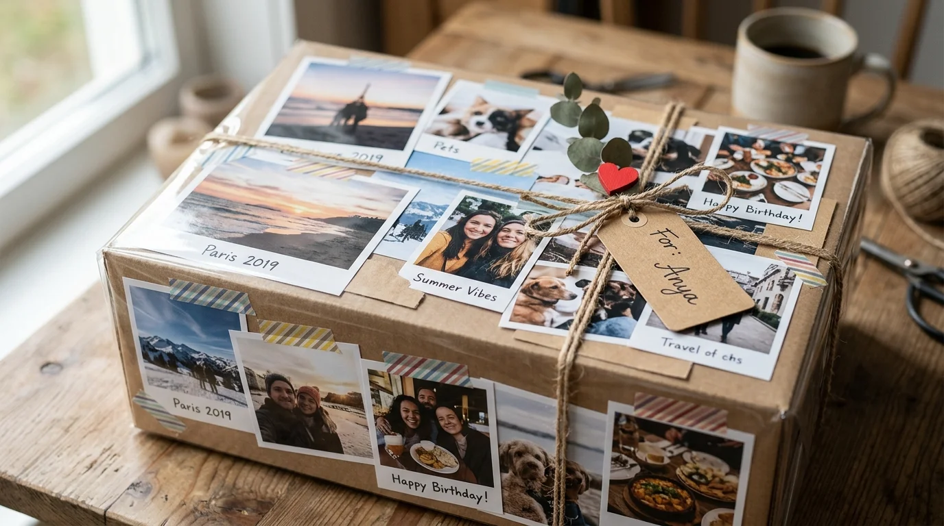 A DIY photo collage gift wrap featuring printed photos arranged on the box, transparent wrap overlay, personal storytelling style, mixed textures, soft daylight, angled shot, no people