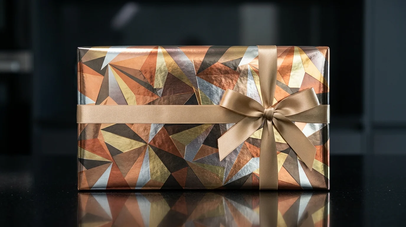 A geometric pattern gift wrap with sharp shapes in metallic tones, sleek ribbon, modern design, reflective surfaces, bright focused lighting, straight-on composition, no people