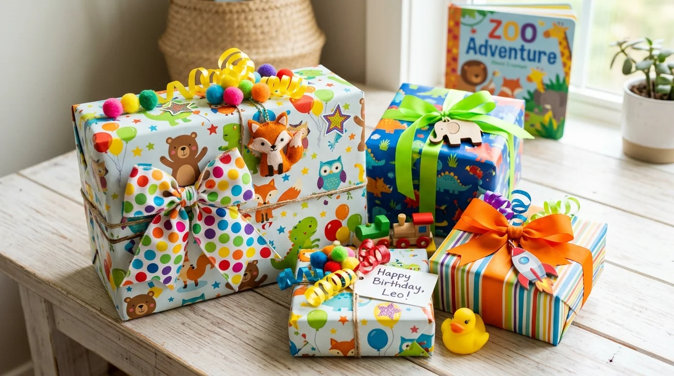 A kid-friendly wrapping idea with cartoon-themed paper, colorful bows, playful decorations, bright cheerful colors, lively mood, soft natural lighting, slightly elevated angle, no people