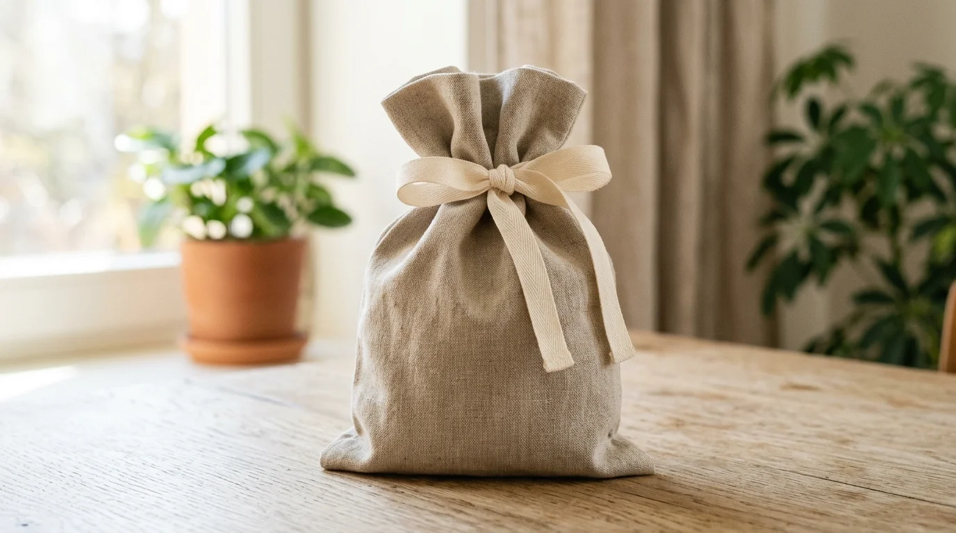 A eco-friendly reusable cloth gift bag tied with a ribbon, simple design, neutral tones, soft fabric folds, natural light setting, minimal styling, front-facing shot, no people