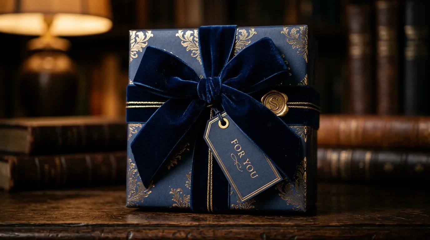 A luxury gift wrap with deep navy paper, gold foil accents, velvet ribbon, elegant presentation, rich textures, dramatic low lighting, close-up detail shot, no people