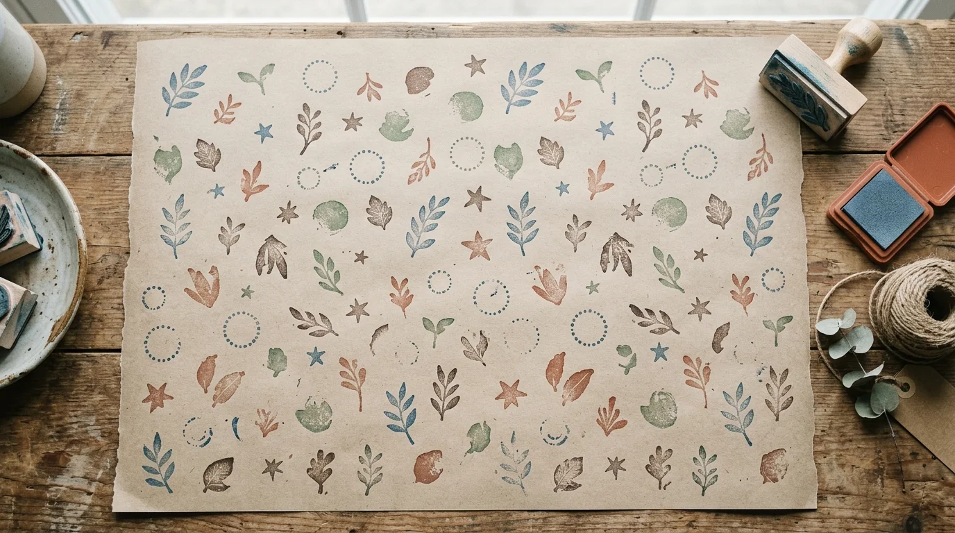 A handmade stamped wrapping paper design with repeated ink patterns on plain paper, artistic DIY feel, subtle color palette, soft diffused lighting, top-down flat lay shot, no people