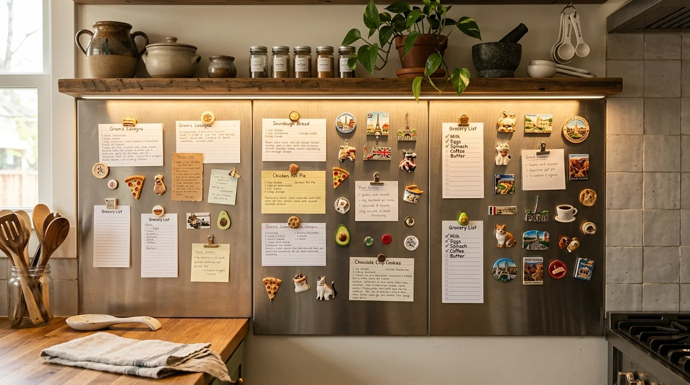 A kitchen magnet gallery using stainless steel backsplash panels with neatly arranged recipe cards, grocery lists, and small decorative magnets, warm cozy lighting, functional aesthetic, eye-level shot, no people