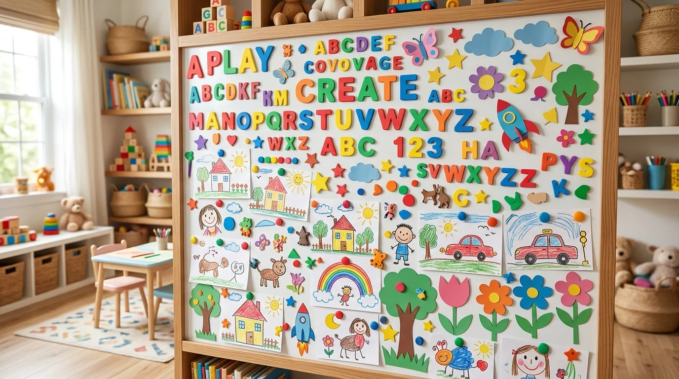 A kids’ creative magnet wall filled with playful drawings, alphabet magnets, bright colors, and craft paper cutouts, cheerful room setting, soft daylight, energetic composition, no people