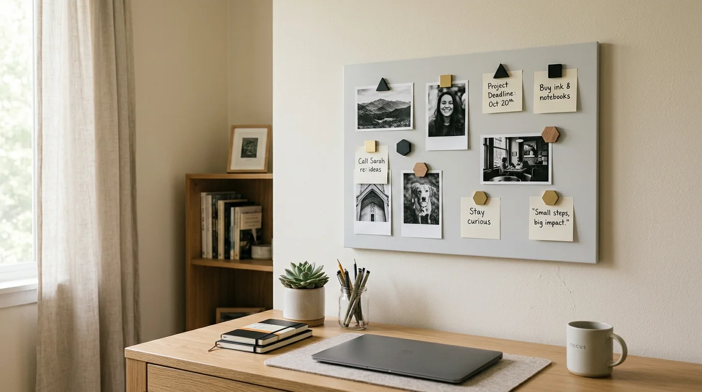 A minimalist magnet board in a home office displaying black-and-white photos, simple notes, and geometric magnets, neutral tones, calm organized workspace, soft diffused lighting, no people