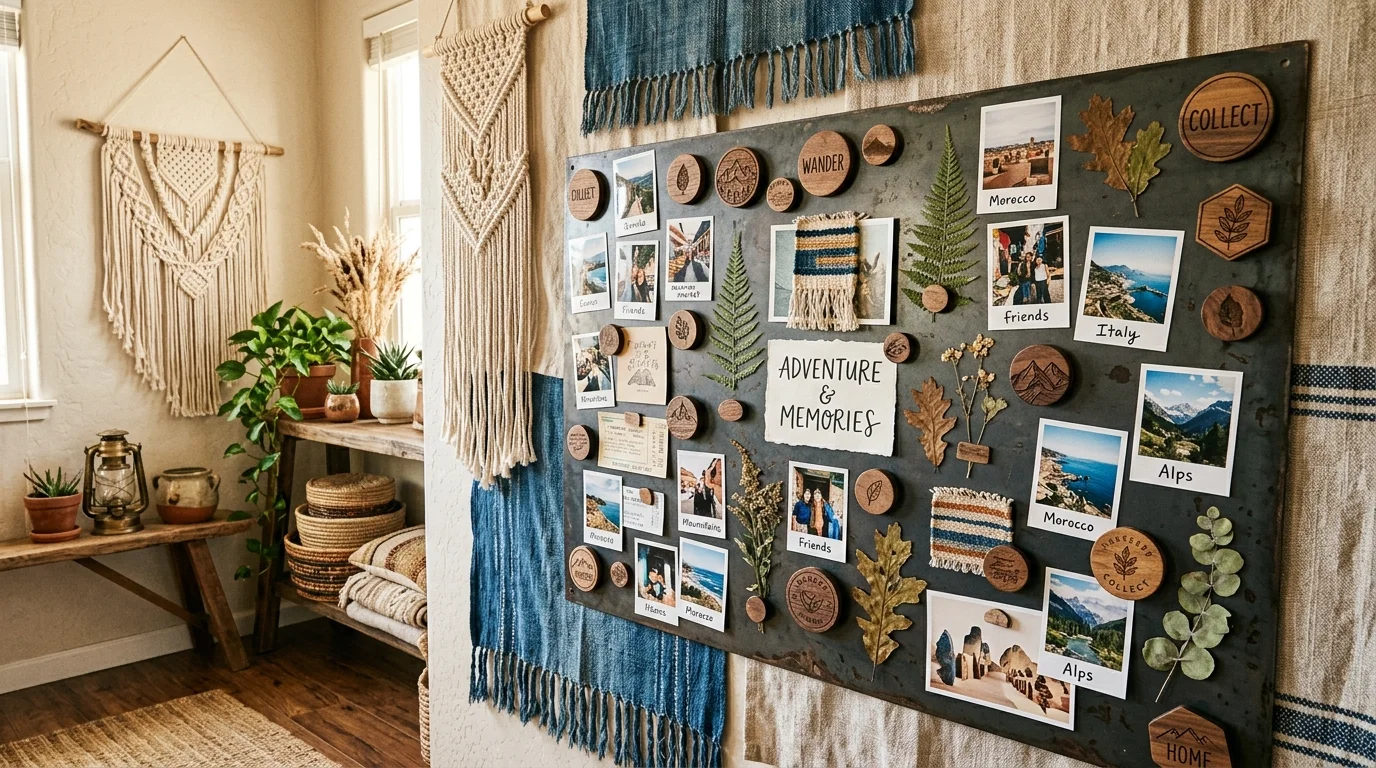 A boho-style magnet wall with layered textiles backdrop, wooden magnets, pressed leaves, and travel photos, warm natural textures, relaxed aesthetic, angled shot, no people