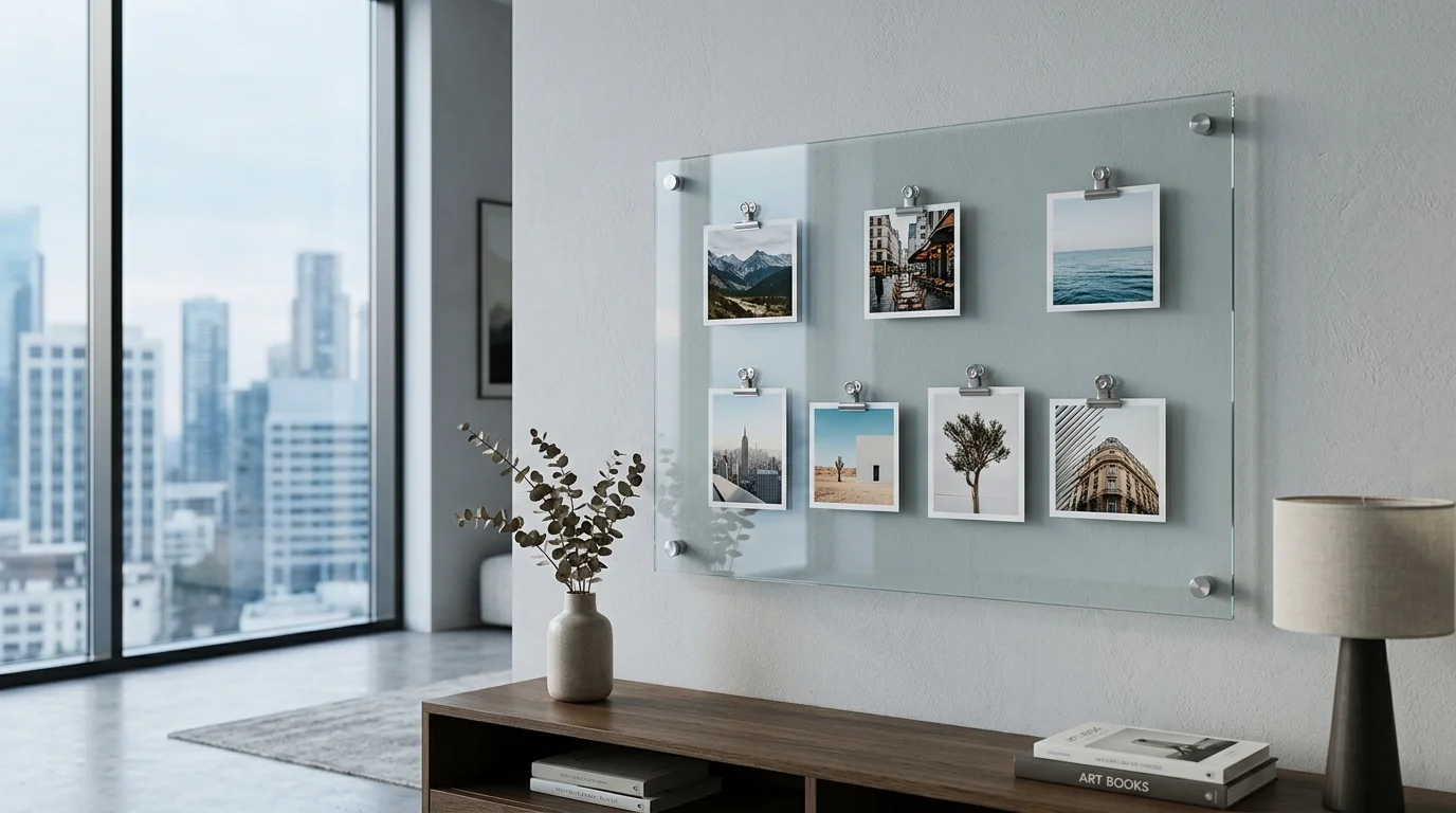 A sleek glass magnet board in a modern apartment, holding floating-style photos and metallic clips, reflective surfaces, minimalist luxury vibe, cool soft lighting, no people