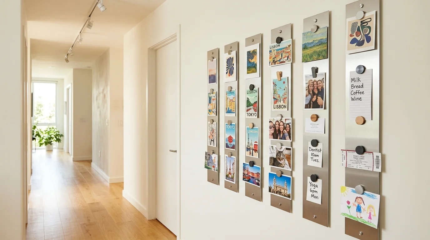 A hallway magnet gallery strip with vertical metal panels displaying rotating artwork, postcards, and reminders, clean contemporary design, bright ambient lighting, no people