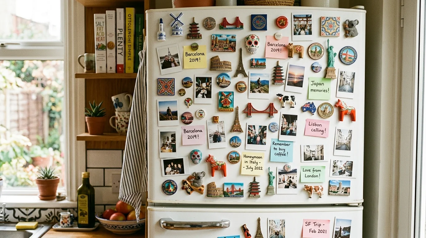 A refrigerator magnet gallery styled with aesthetic travel magnets, colorful souvenirs, Polaroid photos, and small notes, cozy kitchen setting, natural daylight, no people