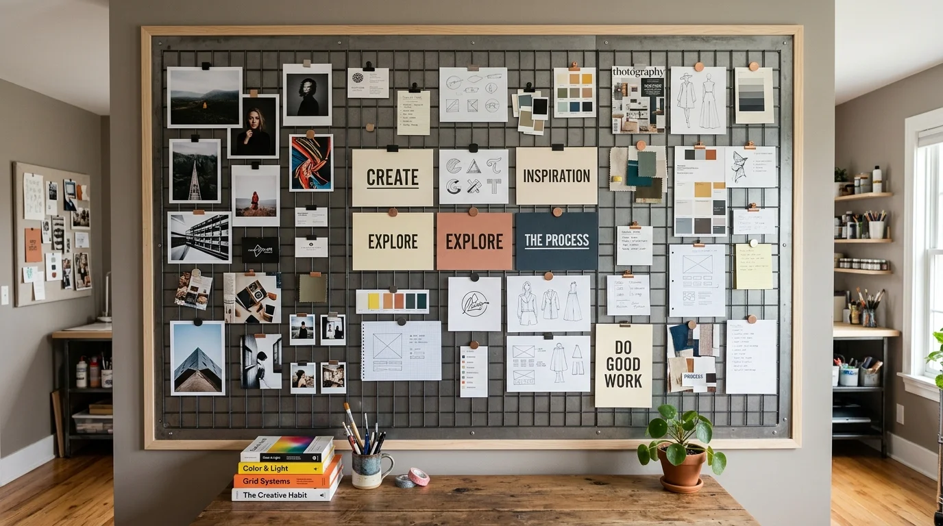 A studio-style magnet wall with large grid layout metal panel, curated photography prints, design sketches, and typography cards, creative workspace vibe, bright even lighting, no people