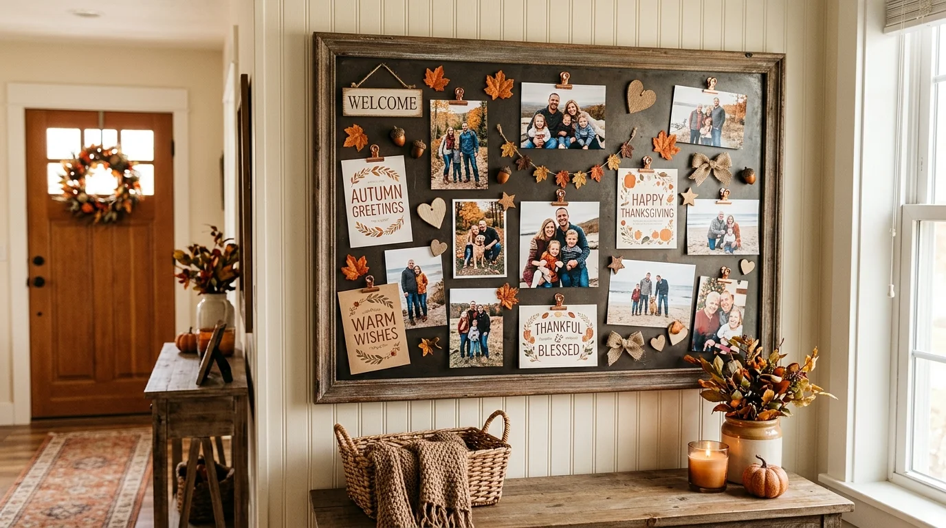 A decorative entryway magnet board featuring seasonal decor, greeting cards, and family photos arranged in a stylish collage, warm welcoming atmosphere, soft lighting, no people