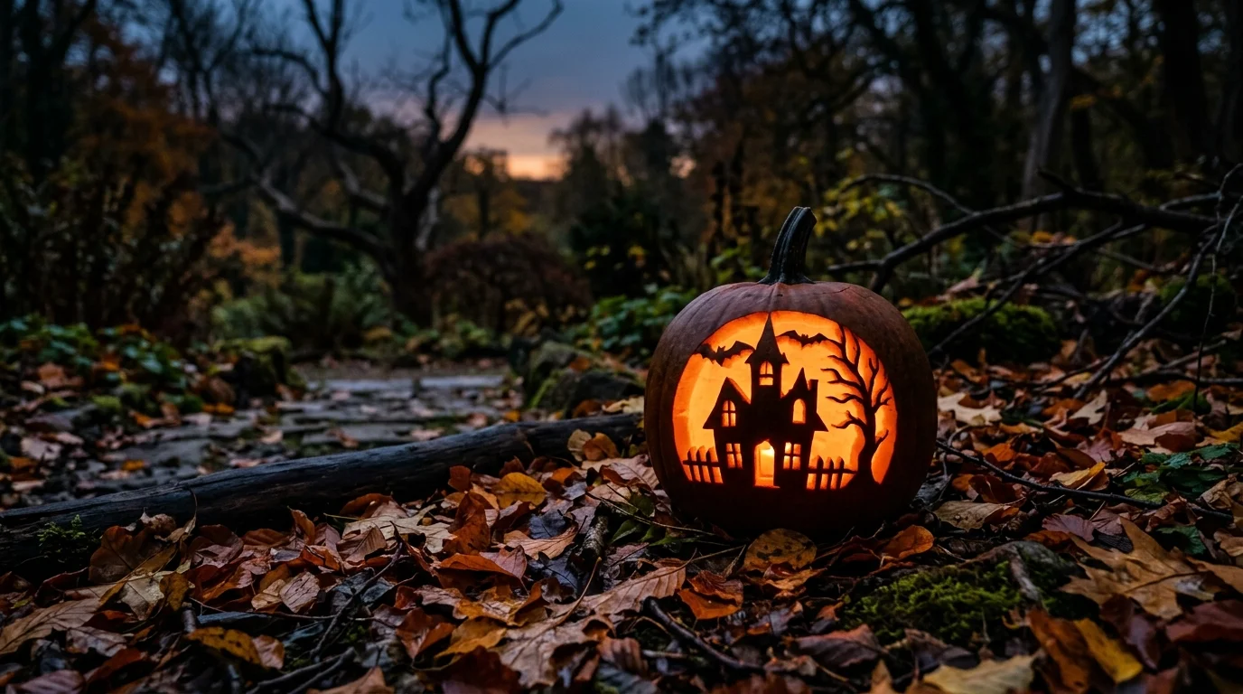 A pumpkin carved with a haunted house silhouette design illuminated from inside placed among fallen leaves soft evening lighting eerie festive display no people