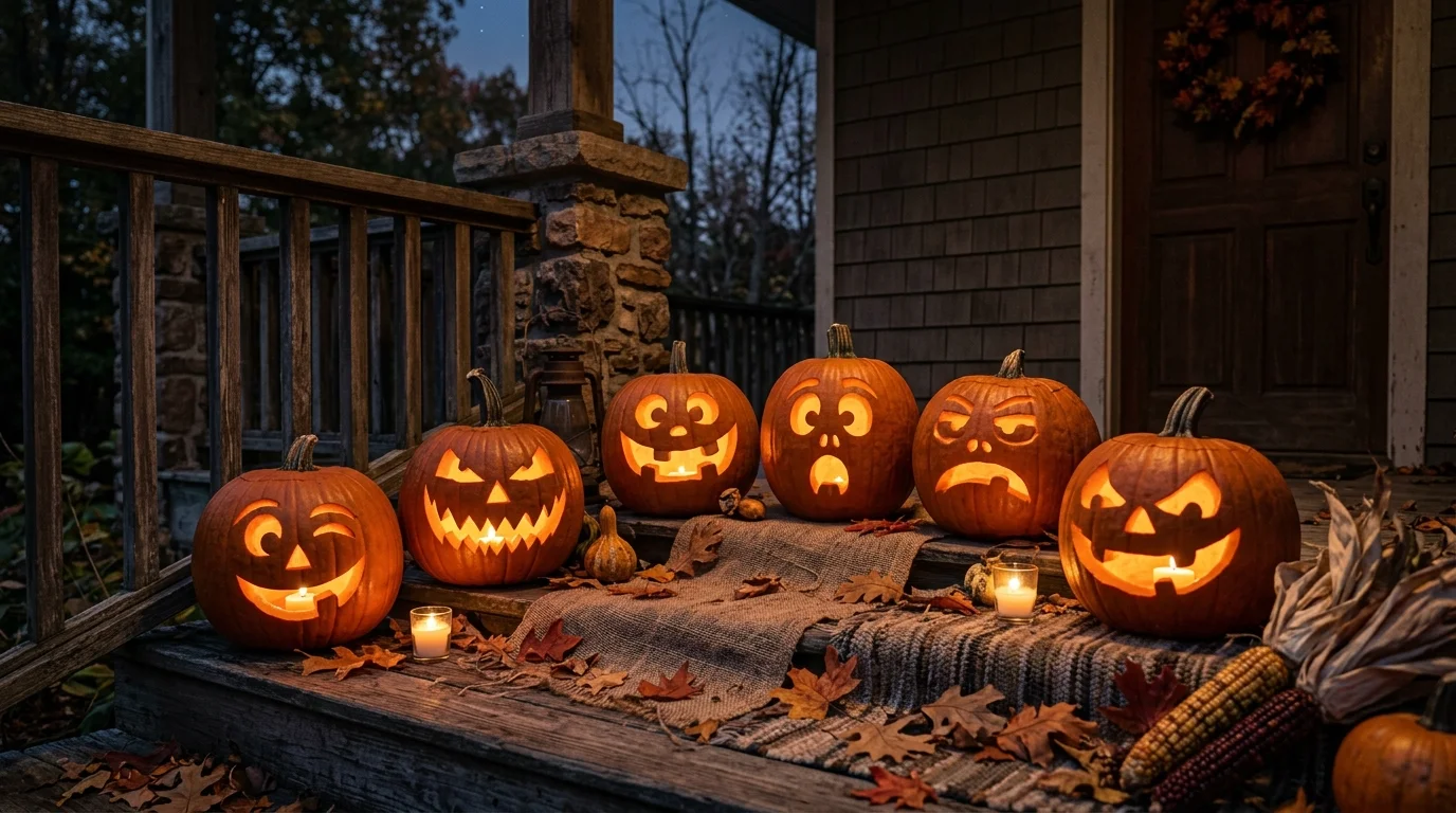 A set of pumpkins carved with different facial expressions arranged together on a porch soft candlelight creating a playful spooky scene no people