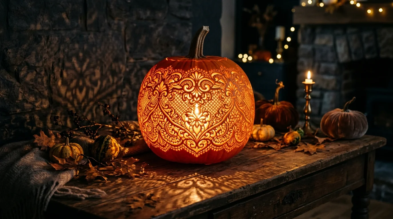 A pumpkin carved with intricate lace like patterns creating detailed light shadows warm ambient lighting elegant Halloween decor no people