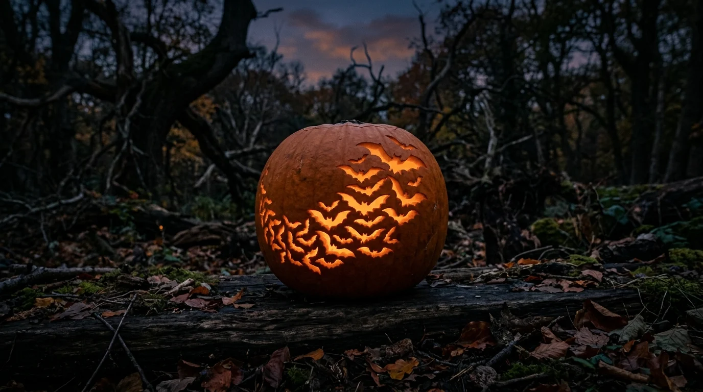 A pumpkin carved with a bat swarm pattern flying across its surface glowing softly at dusk dark moody lighting dramatic spooky vibe no people