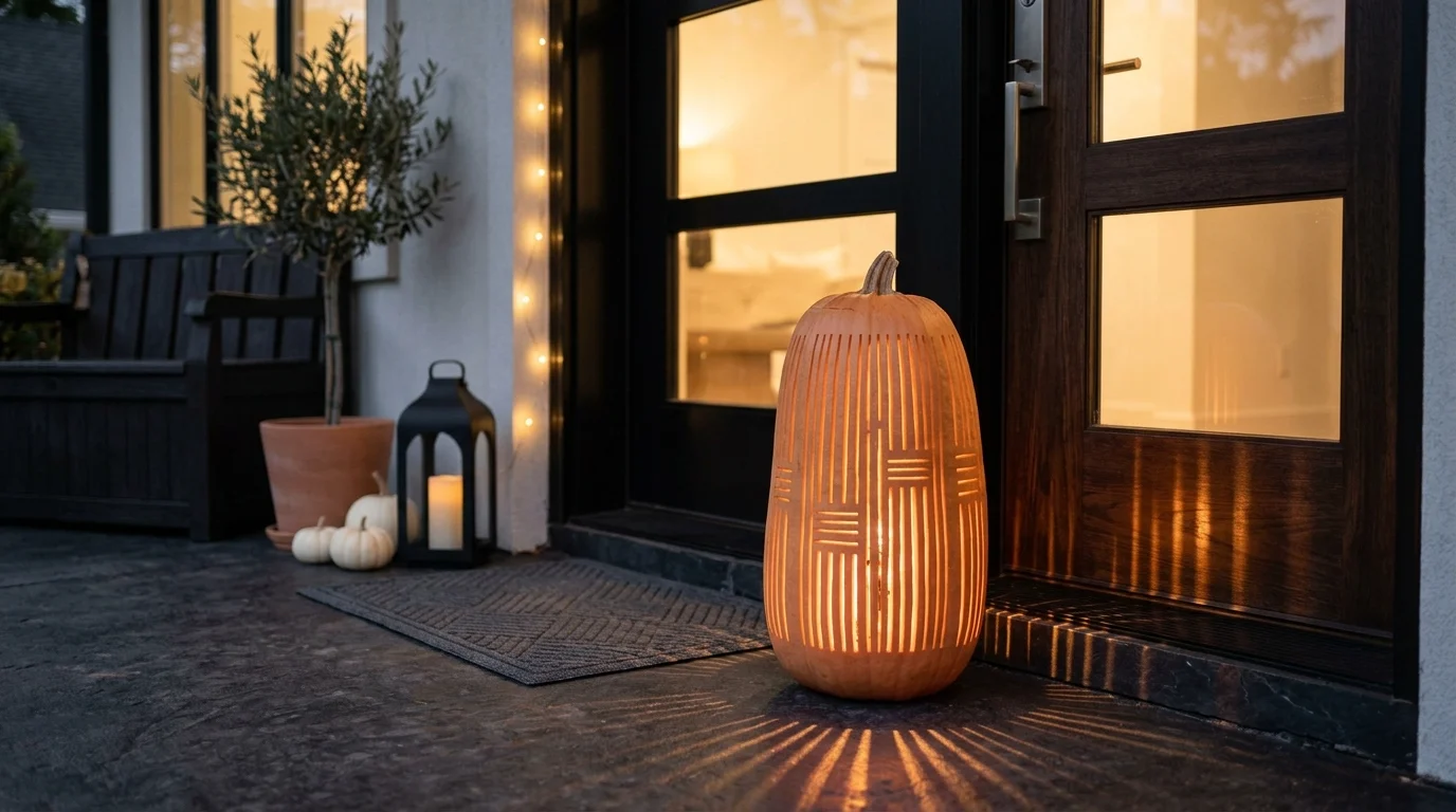 A tall pumpkin carved with vertical slit patterns creating modern light effects placed near a doorway soft lighting contemporary Halloween style no people