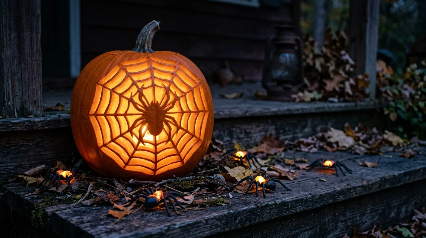 A pumpkin carved with a spiderweb design paired with small faux spiders glowing from within dim lighting classic Halloween look no people