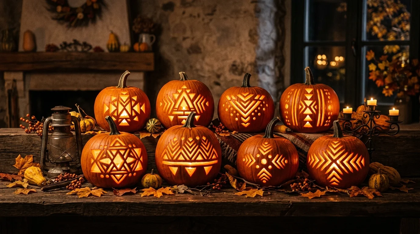 A set of pumpkins carved with geometric patterns like triangles and lines arranged symmetrically soft lighting stylish spooky decor no people