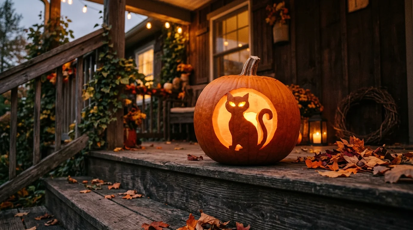 A pumpkin carved with a cat silhouette with glowing eyes placed on a wooden porch step soft warm lighting charming spooky theme no people