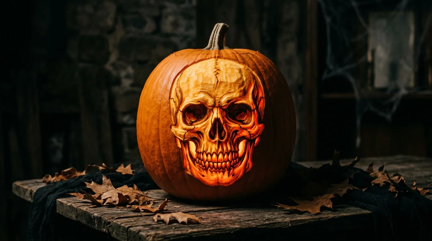A pumpkin carved with a skull design featuring detailed facial structure glowing from inside dramatic low lighting bold Halloween statement no people