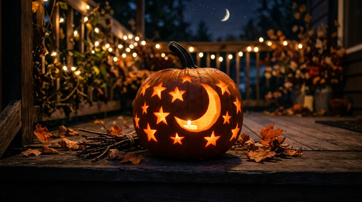 A pumpkin carved with stars and moon shapes creating a celestial glow at night soft lighting whimsical Halloween vibe no people
