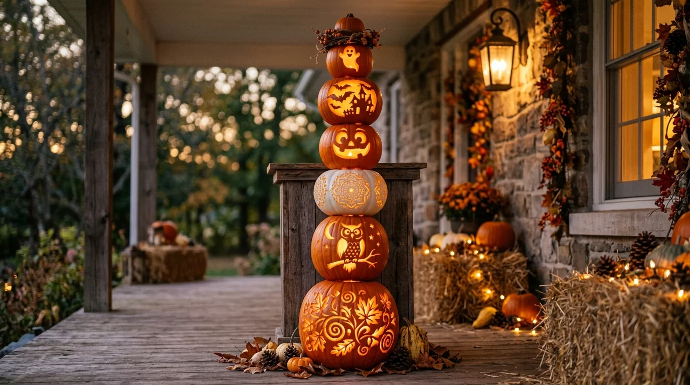 A stacked pumpkin display with each pumpkin carved differently creating a totem style arrangement soft lighting unique festive look no people