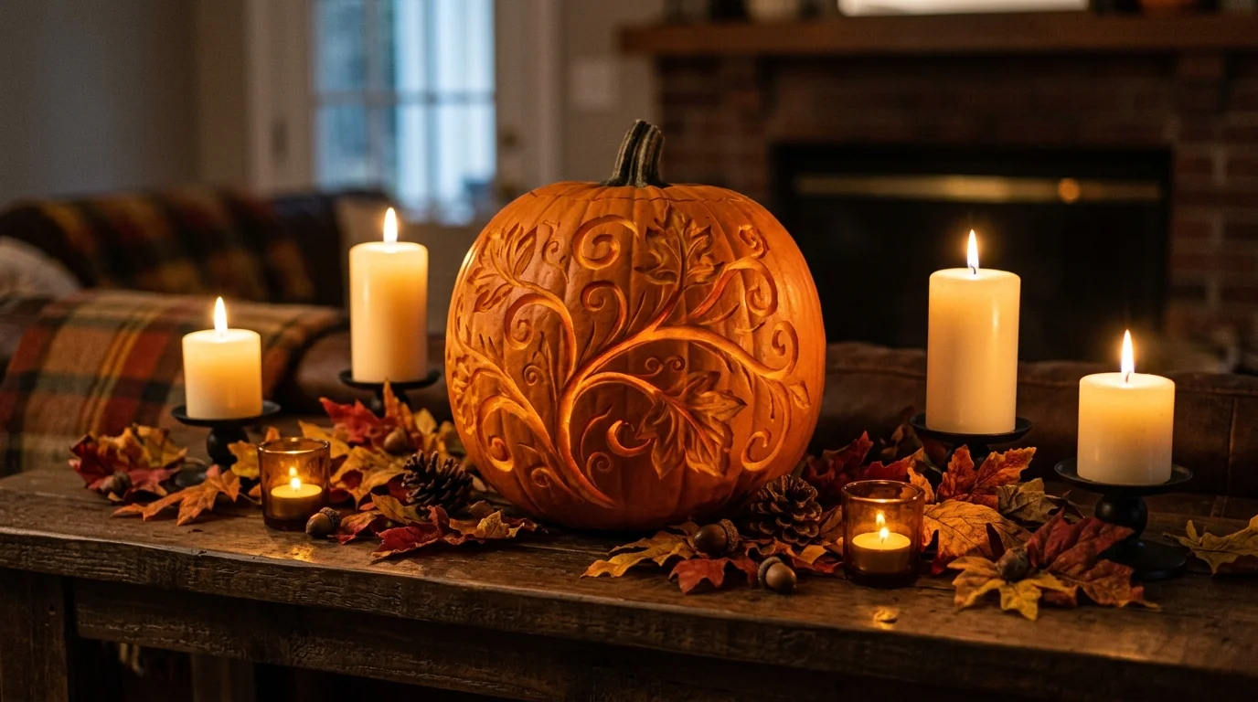 A pumpkin carved with swirling vine patterns paired with fall leaves and candles soft lighting artistic seasonal decor no people