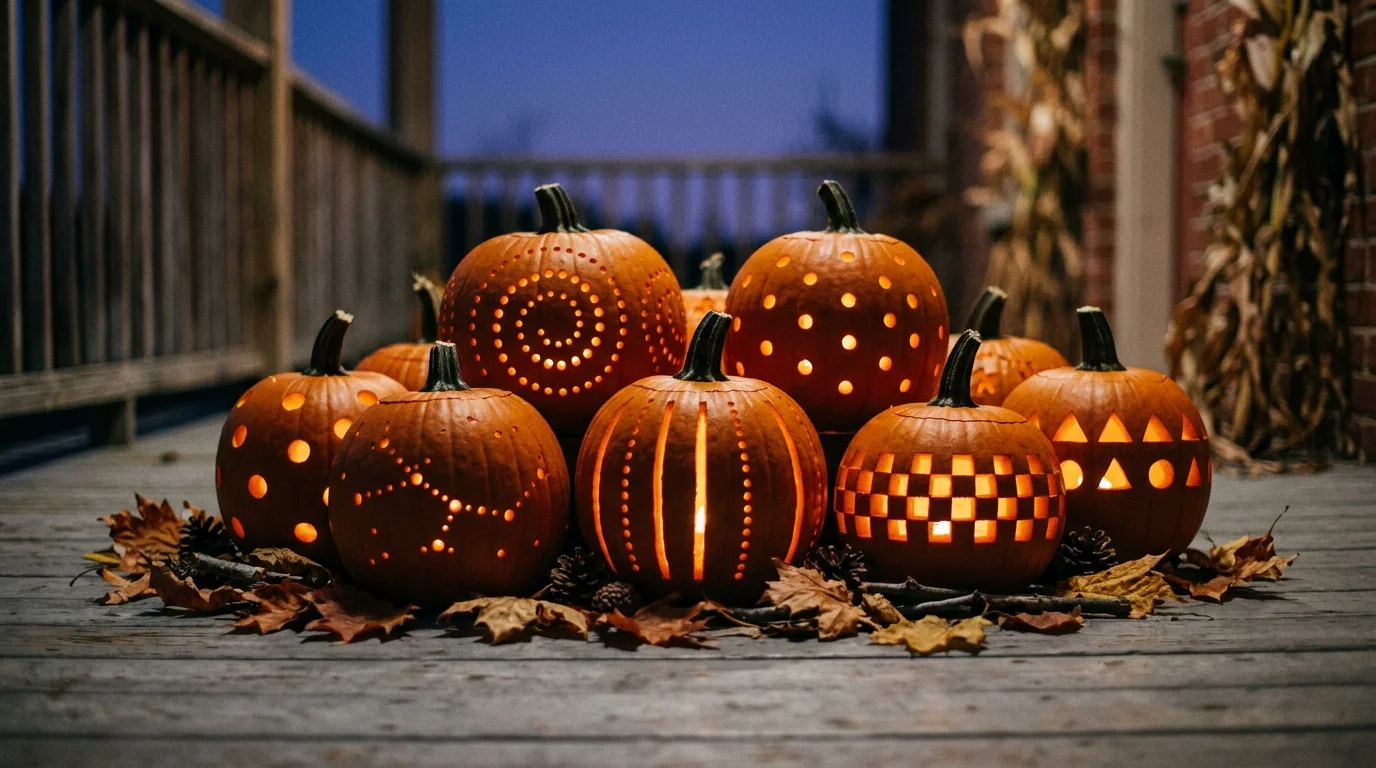 A group of pumpkins carved with simple dots and patterns arranged neatly creating a glowing decorative cluster soft lighting cozy spooky ambiance no people