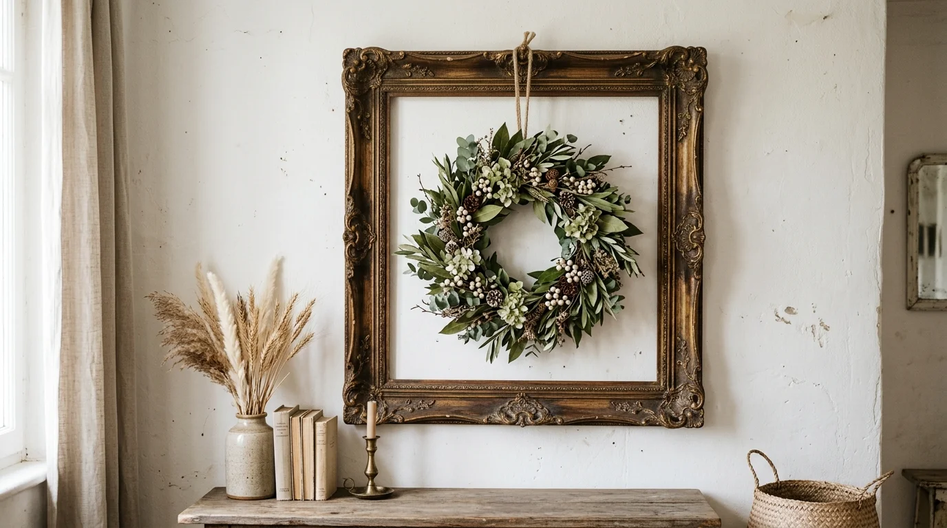 An empty vintage frame used as a wall accent with a decorative wreath placed inside it mounted on a white wall soft daylight rustic chic decor no people