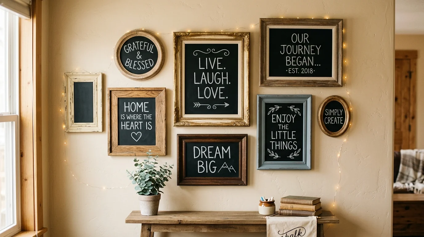 A set of old frames repurposed into a chalkboard wall art display with handwritten messages soft lighting charming DIY home decor no people