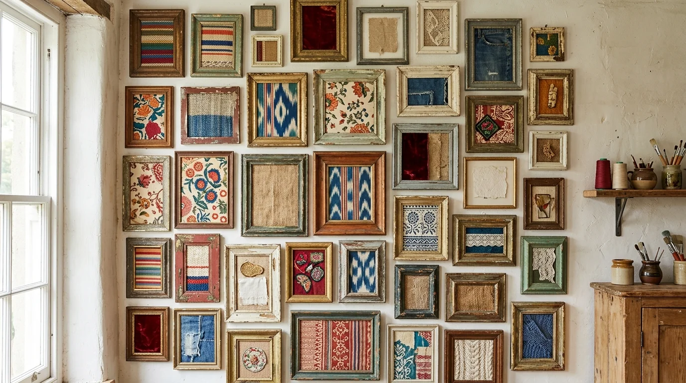 A collage wall made from mismatched recycled frames holding fabric swatches and textured materials bright lighting unique artistic display no people