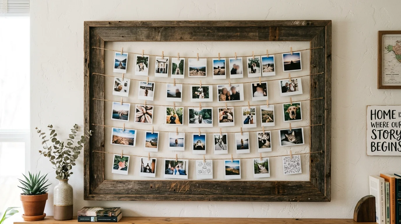 A large reclaimed frame turned into a photo clip display with twine and small clips holding prints bright natural light personalized DIY wall art no people
