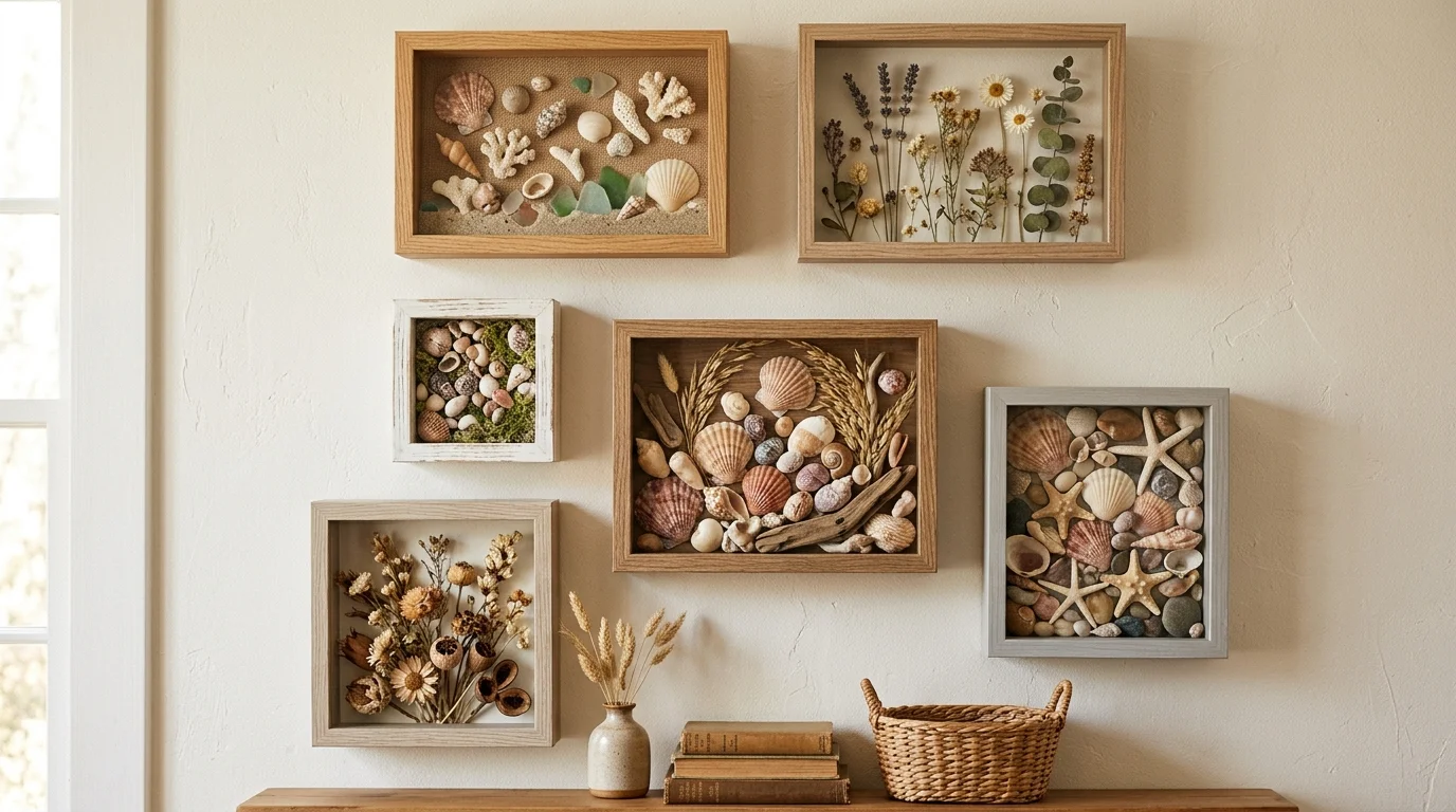 A set of frames transformed into shadow boxes filled with small decor items like shells and dried flowers soft lighting dimensional wall decor no people