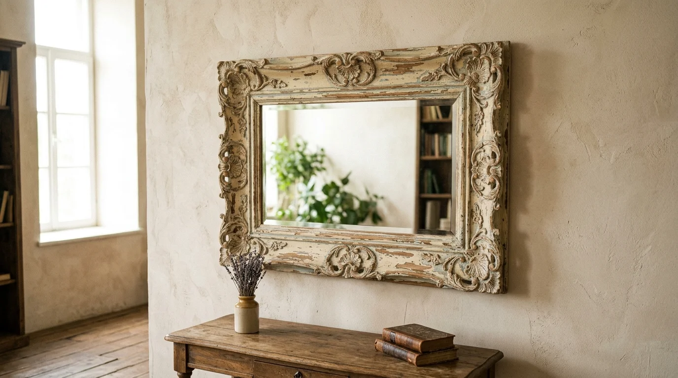 A vintage frame converted into a mirror with distressed paint finish hung on a wall soft natural lighting elegant upcycled decor no people