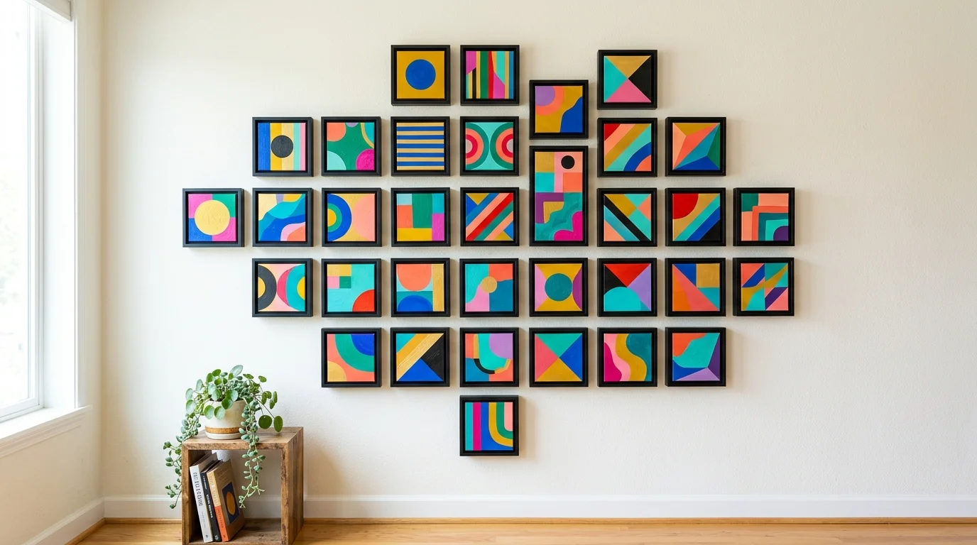 A series of small frames arranged in a geometric layout each painted in bold colors bright lighting playful creative wall art no people