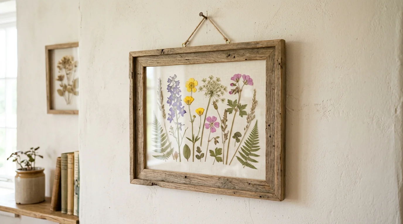 A rustic wooden frame used to hold pressed flowers behind glass displayed on a neutral wall bright daylight delicate botanical decor no people