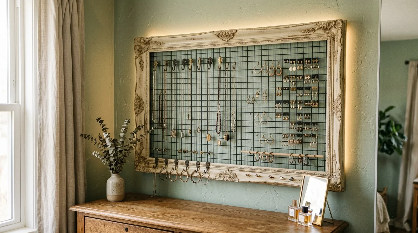 A large frame repurposed into a jewelry organizer with mesh backing and hooks mounted on a wall soft lighting functional stylish decor no people