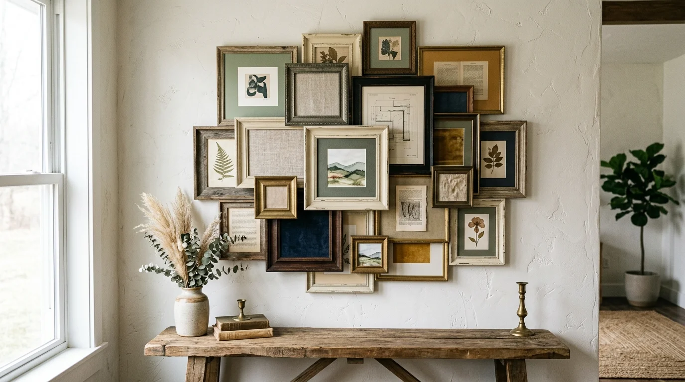 A layered wall art piece created by stacking frames of different sizes in a cluster soft natural lighting textured artistic arrangement no people