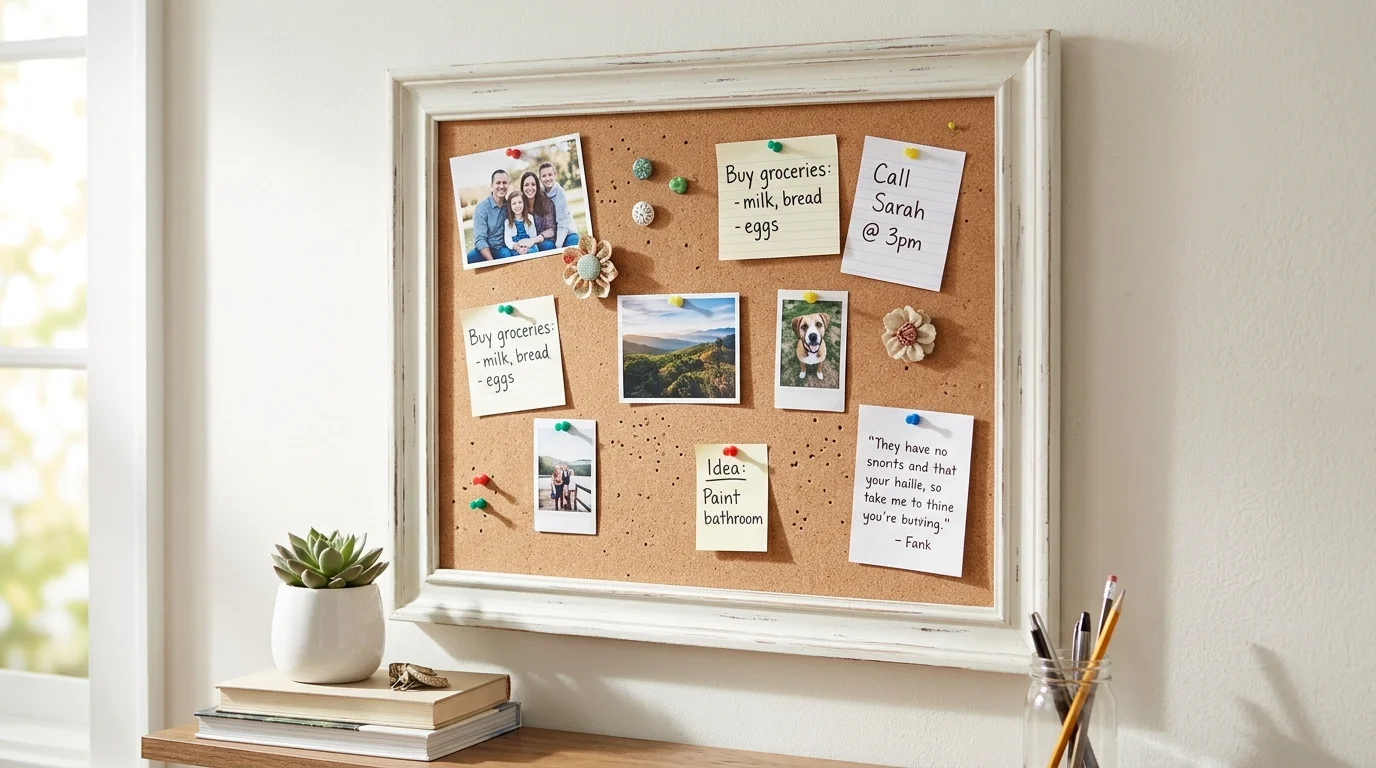 A frame turned into a cork board for pinning notes and photos bright lighting practical DIY decor idea no people