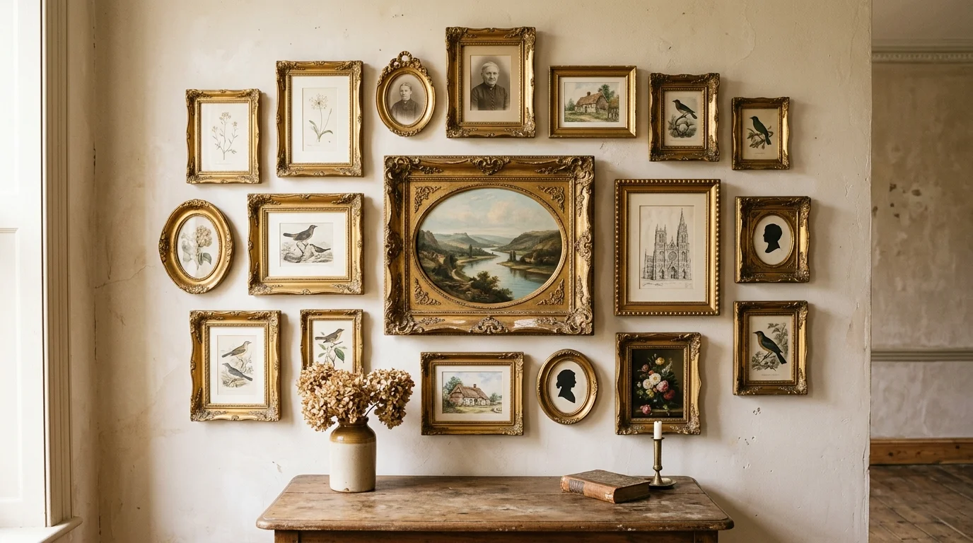 A set of antique frames painted gold and arranged around a central artwork piece soft lighting classic elegant recycled wall decor no people